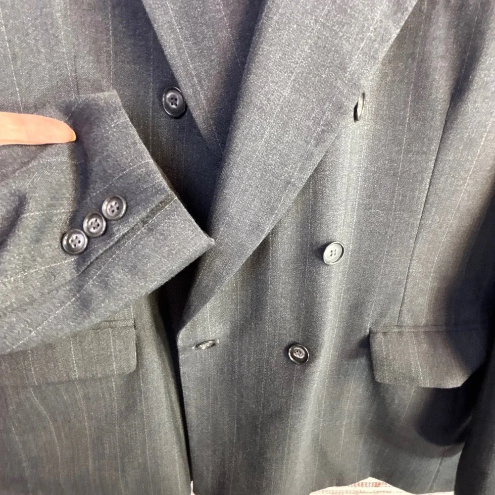 Vintage Double Breasted Blazer 48L Wide Lapel Peak Gray Pinstripe Tailored Mob